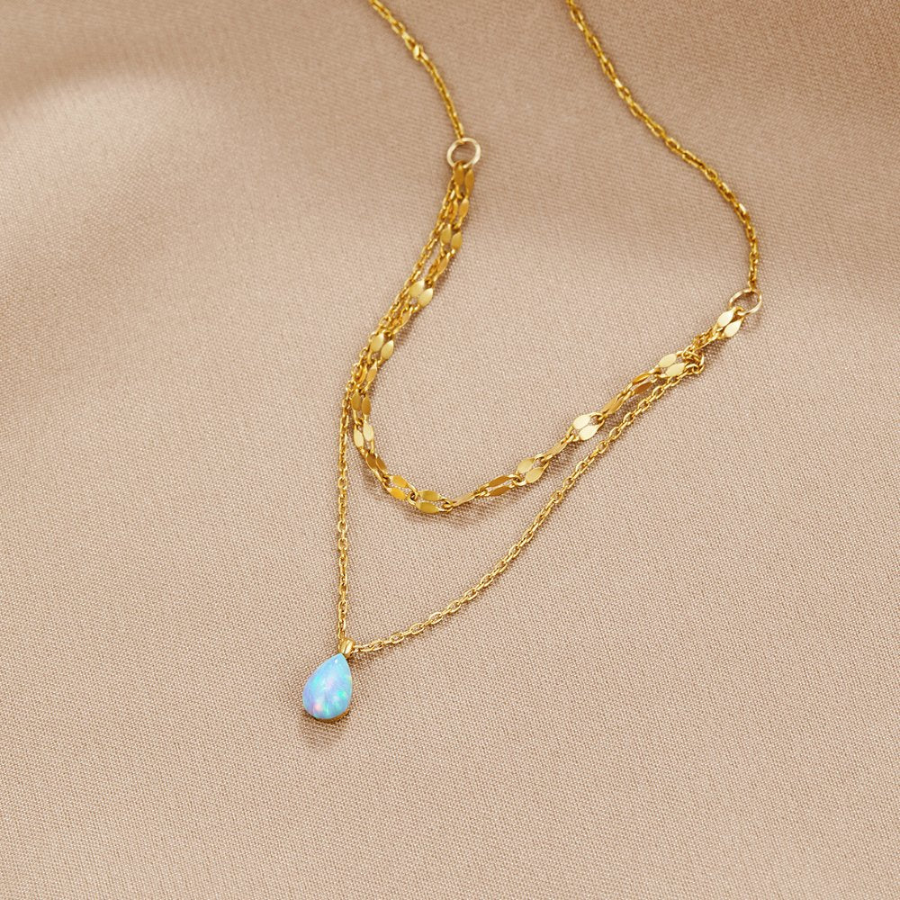 Collier multicouche en forme de goutte d'opale bleue