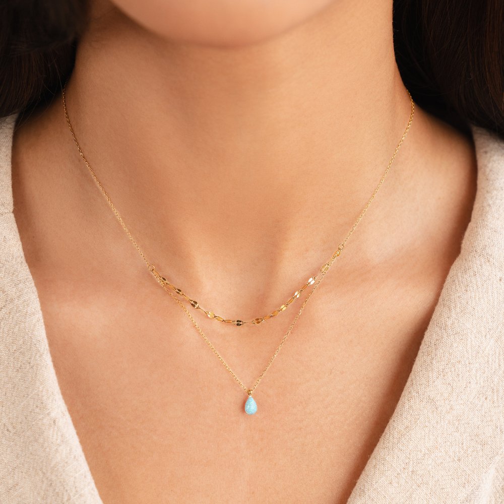 Collier multicouche en forme de goutte d'opale bleue