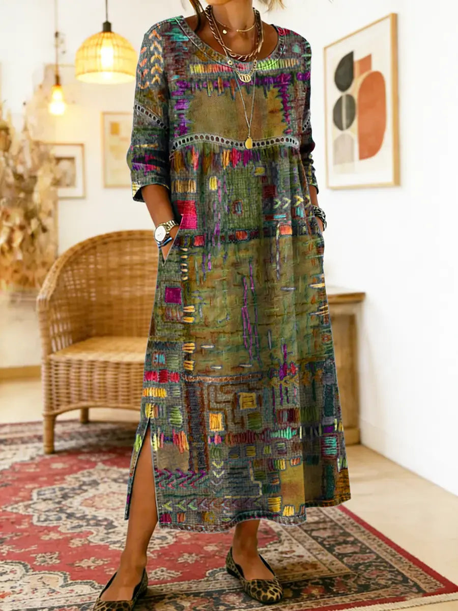 Manuela - Robe en Denim avec Patchwork Ethnique