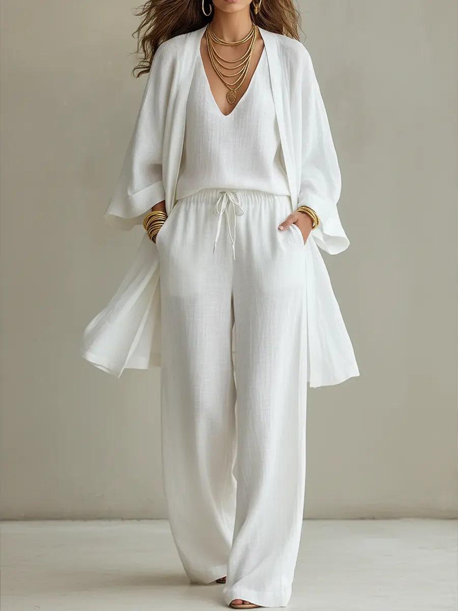 Ensemble Femme Trois Pièces Coton Lin Style Minimaliste Élégant