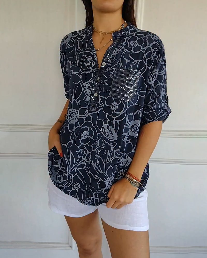 Blouse Imprimée Boutonnée à Col V