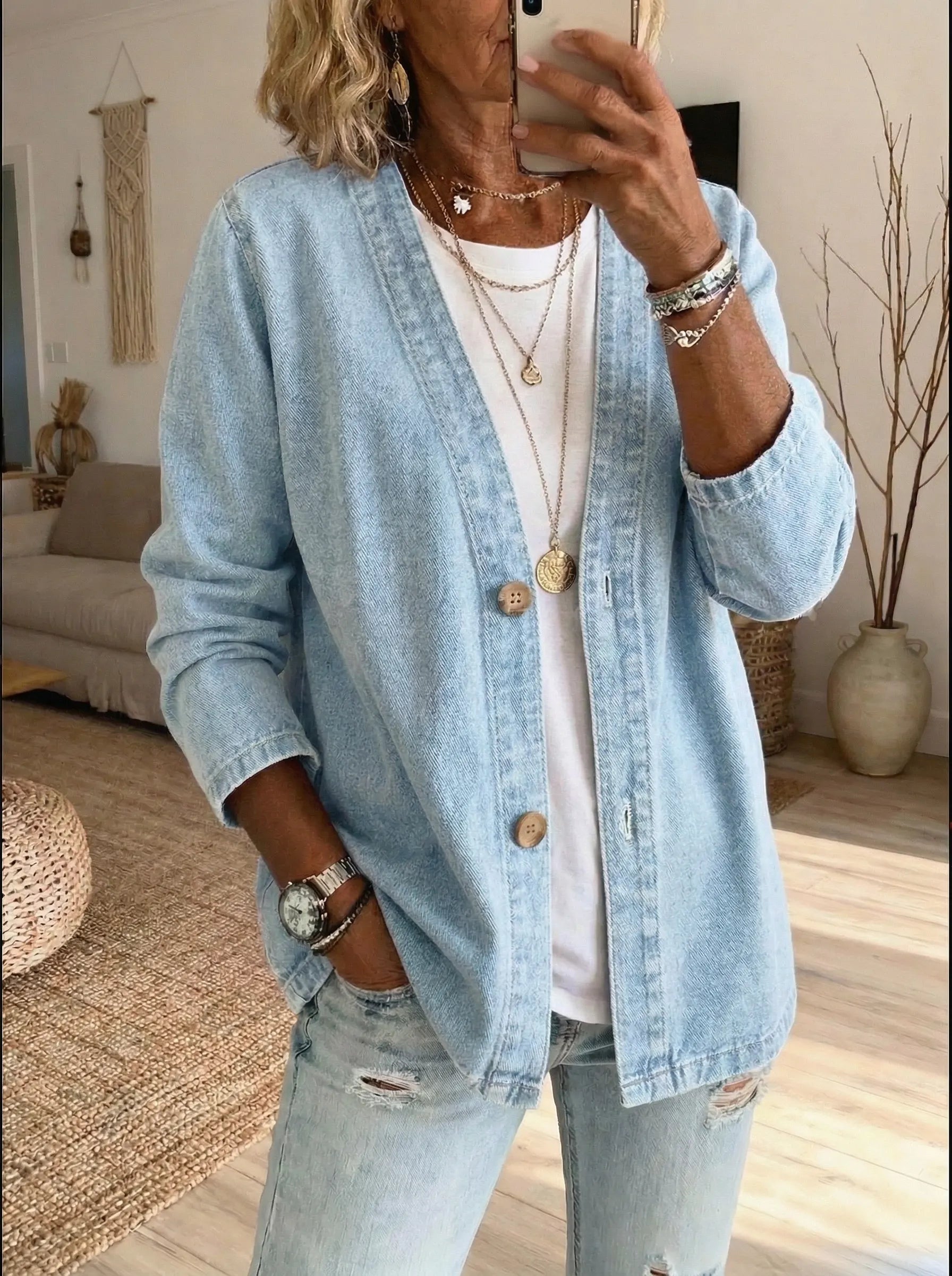 Oryxa - Veste Femme Denim Coupe Ample Boutonnée Style Décontracté