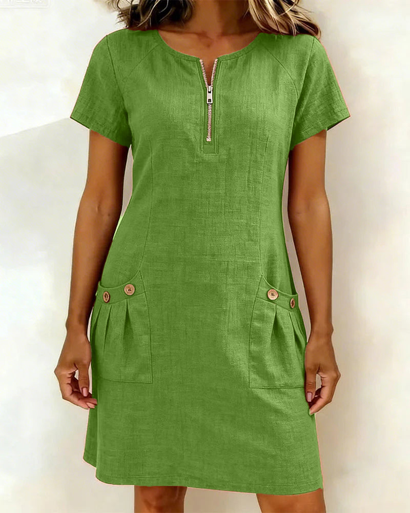 Robe Courte en Lin et Coton avec Fermeture Éclair - Coupe A-Line Élégante
