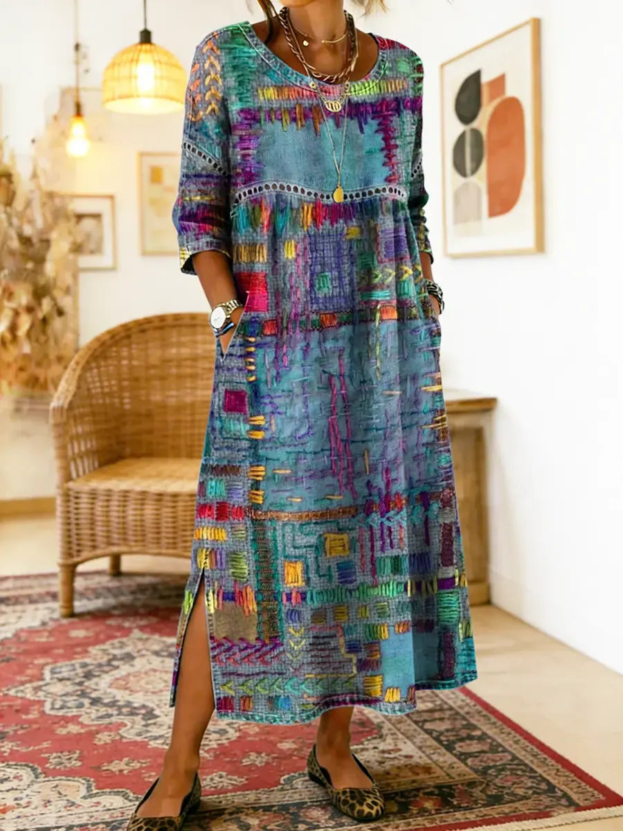 Manuela - Robe en Denim avec Patchwork Ethnique