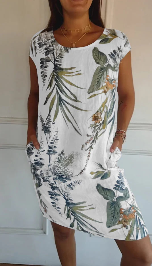Robe d'été imprimée en coton et lin pour femmes avec poches