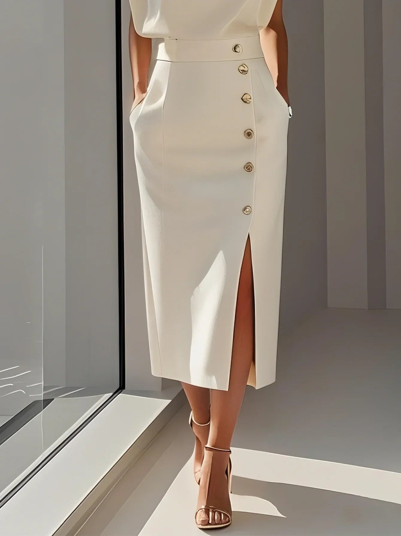 Floralia - Robe midi unie avec fente à boutons et décolleté rond
