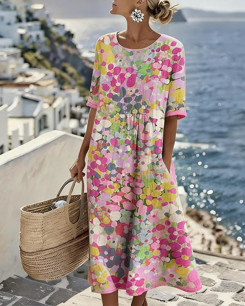 Averixa - Robe femme mi-longue imprimé floral abstrait coton lin été