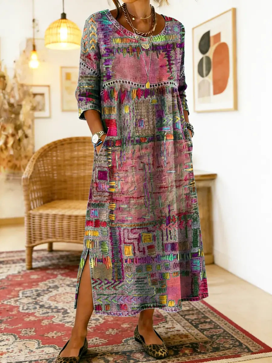 Manuela - Robe en Denim avec Patchwork Ethnique