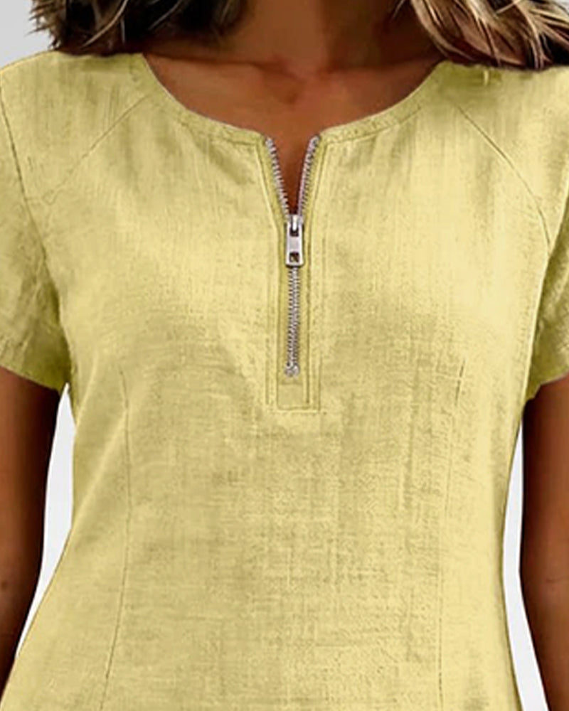 Kovira - Robe Courte Coton Lin avec Fermeture Éclair et Poches