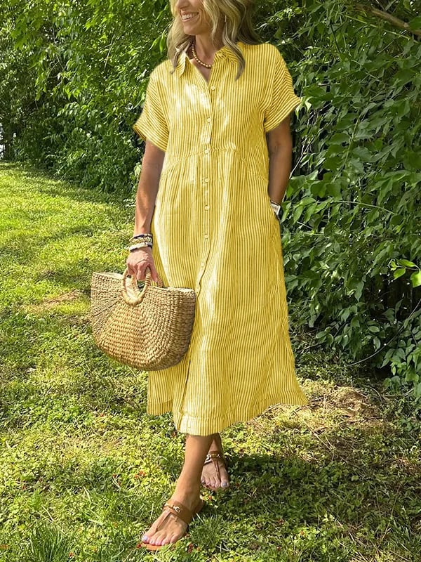Robe femme maxi fluide boutonnée col rond manches courtes élégante été