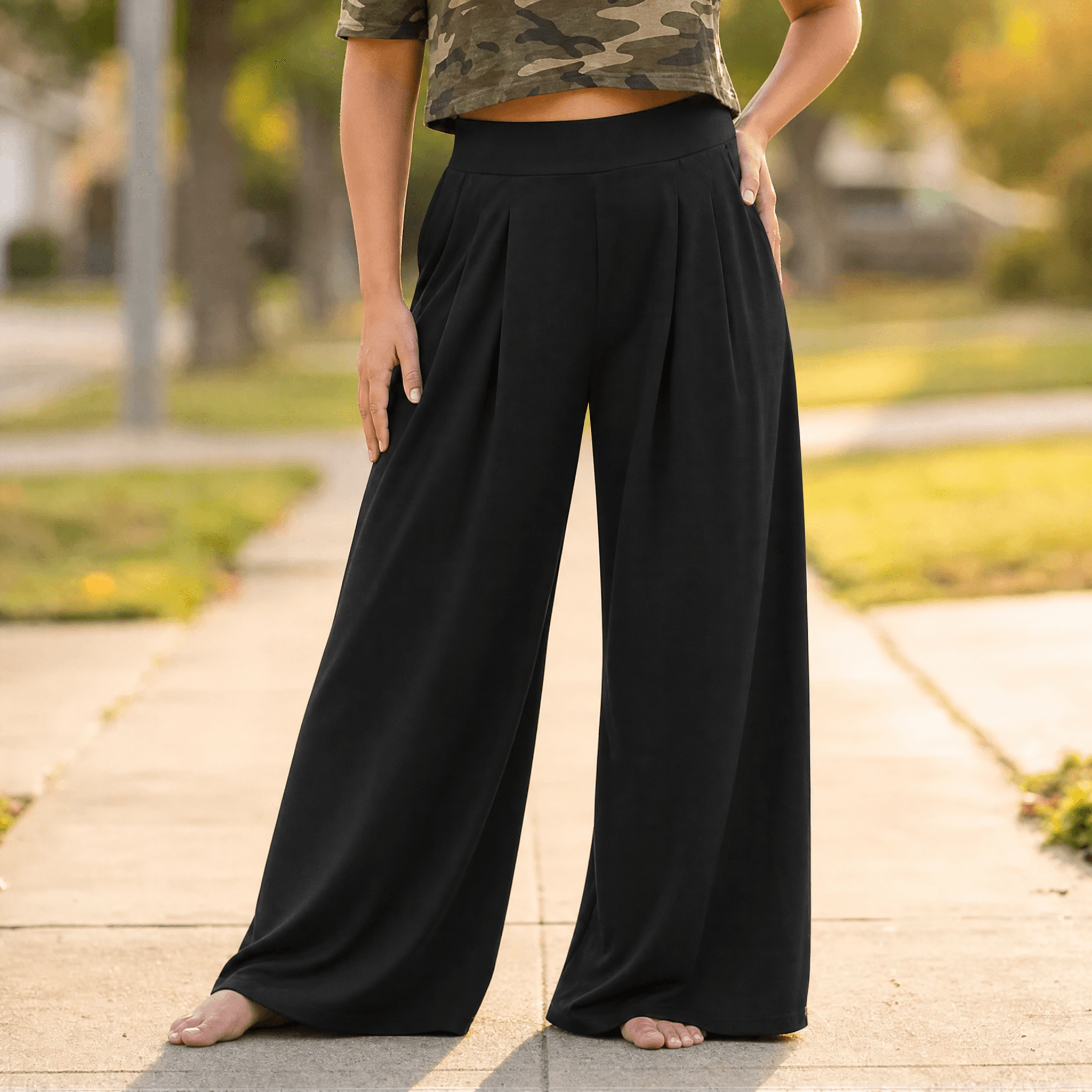 Pantalon Palazzo Femme Curvella – Plissé, Coupe Fluide