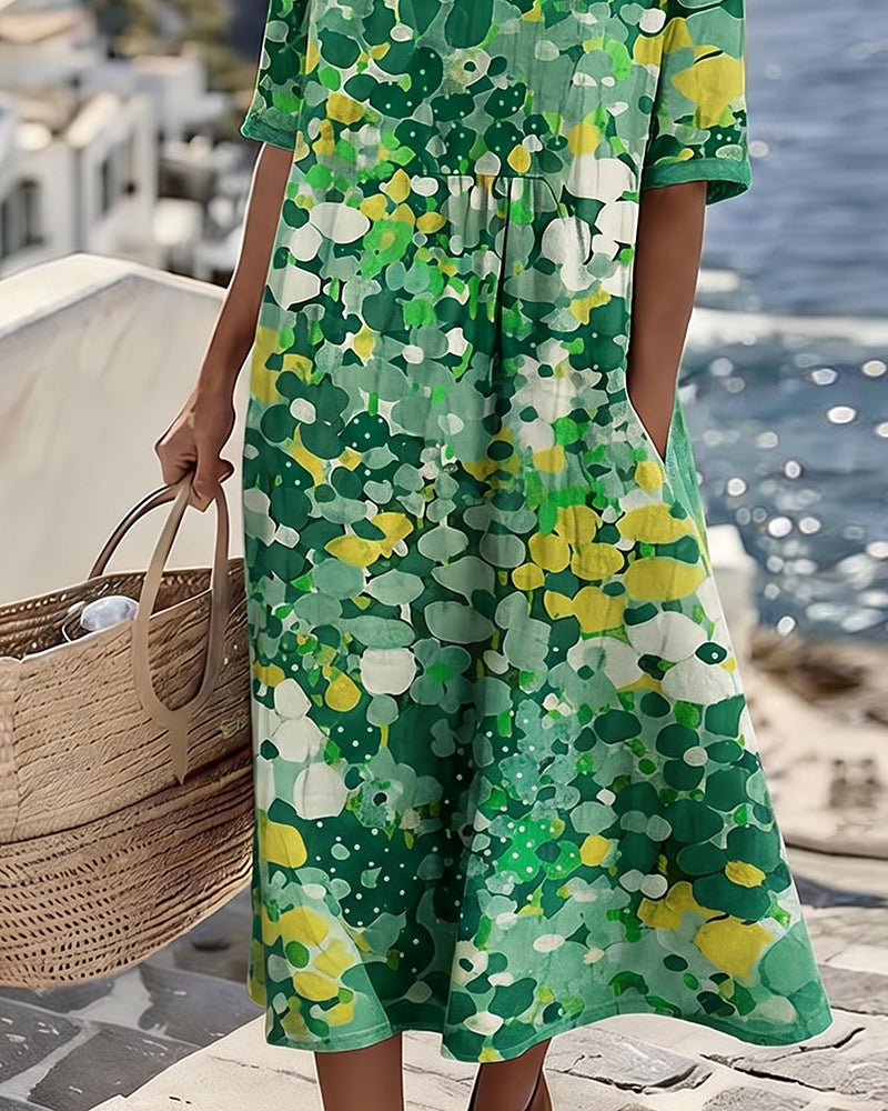 Averixa - Robe femme mi-longue imprimé floral abstrait coton lin été