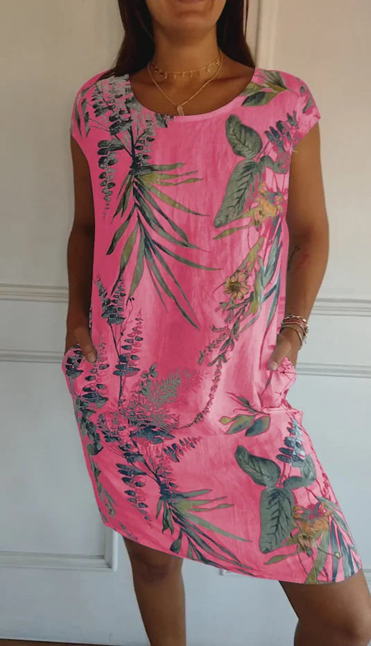 Robe d'été imprimée en coton et lin pour femmes avec poches