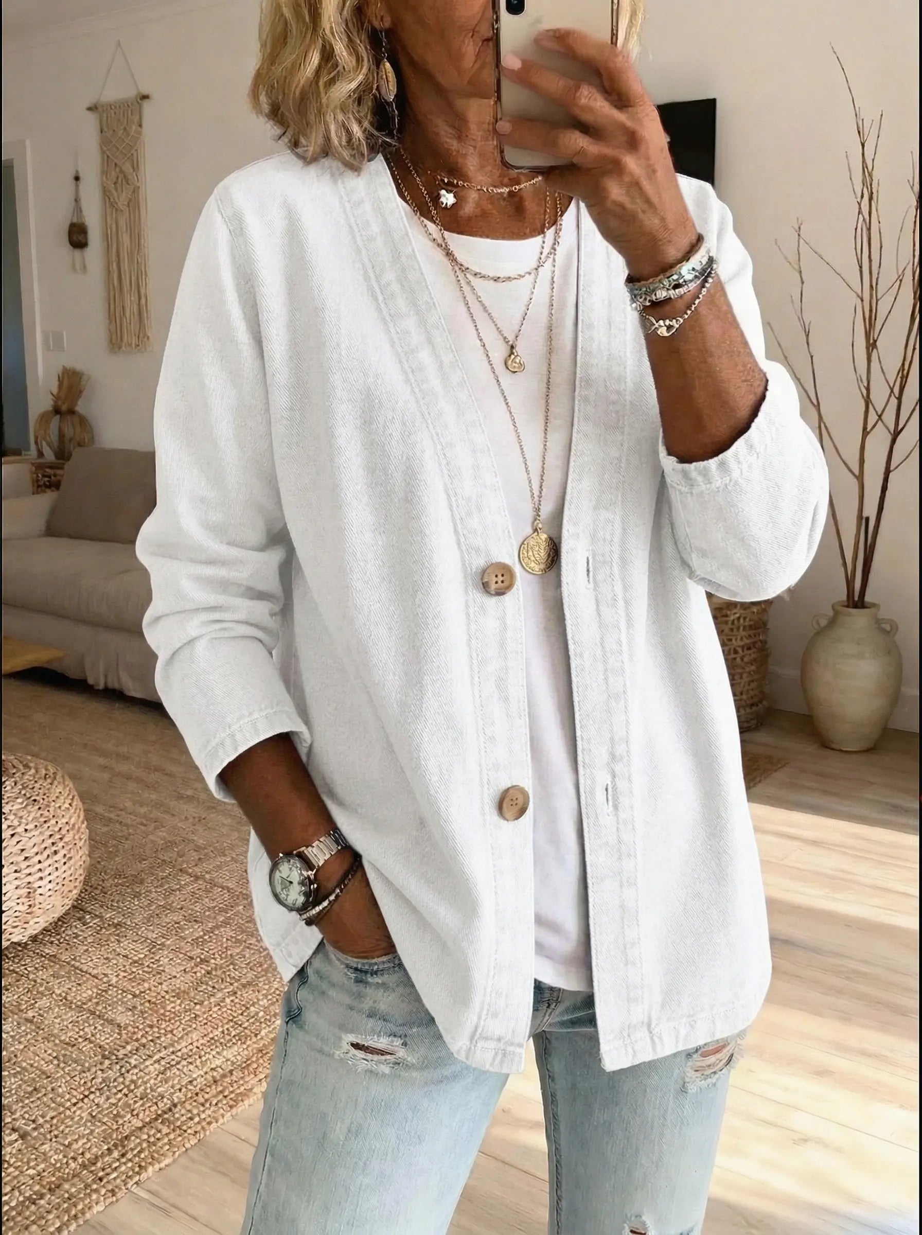 Oryxa - Veste Femme Denim Coupe Ample Boutonnée Style Décontracté