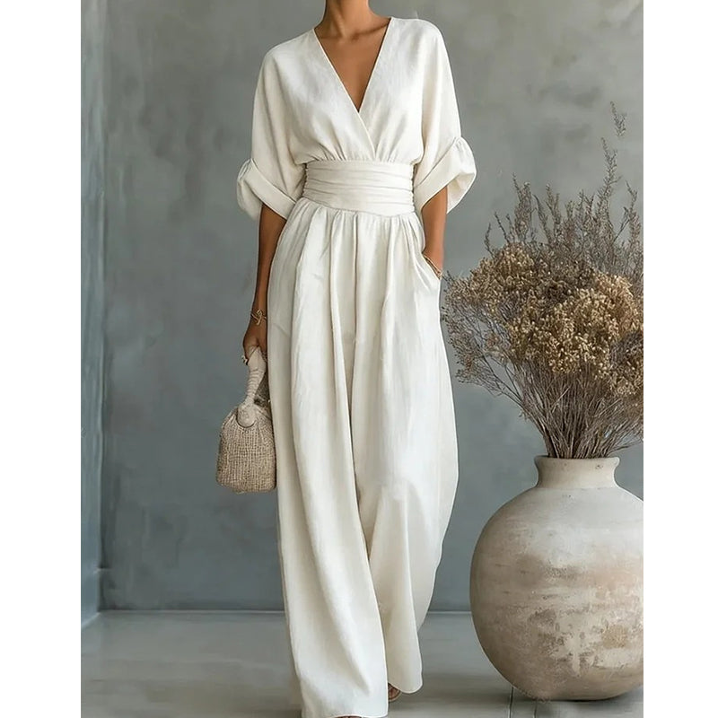 Combinaison Femme Élégante Décolleté V Coupe Fluide Jambes Larges