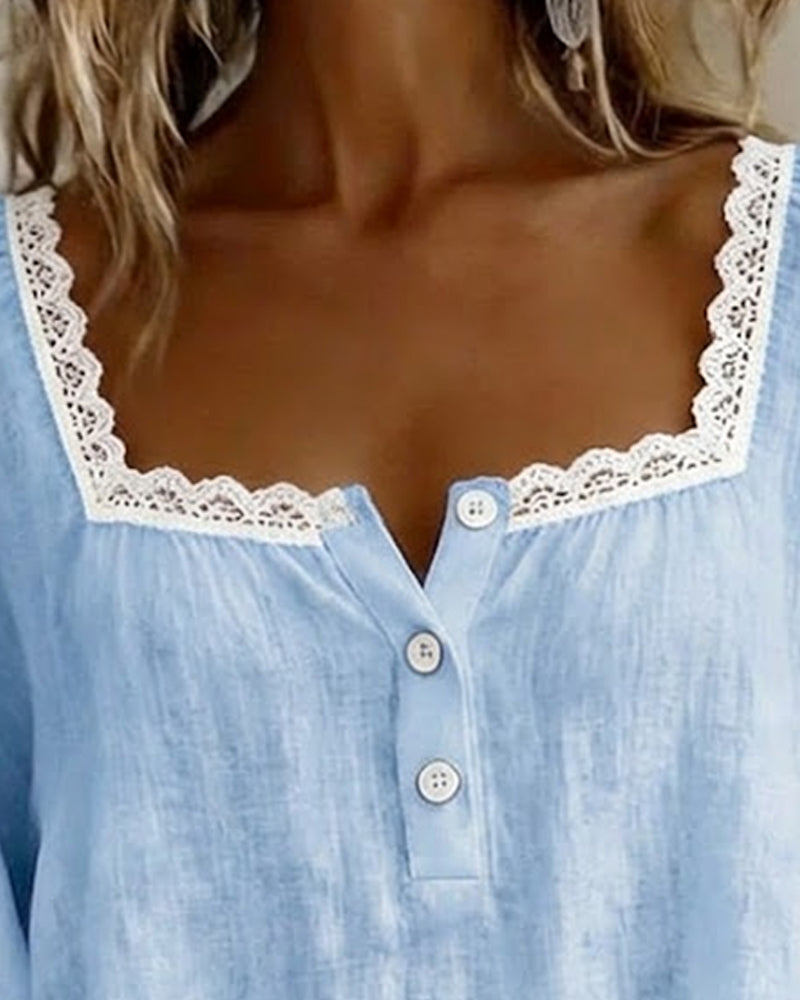 Blouse en Dentelle à Col Carré avec Manches Bouffantes