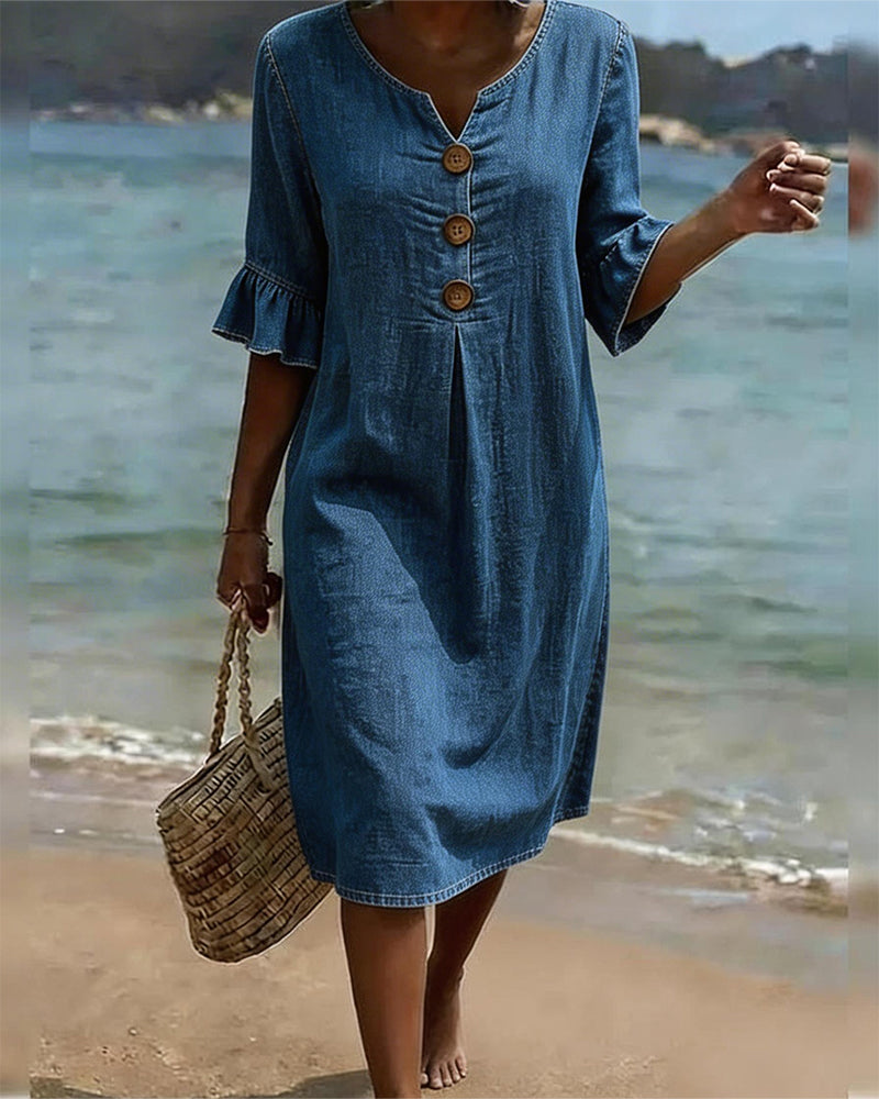 Fynorae - Robe femme en jean manches volants coupe fluide été plage