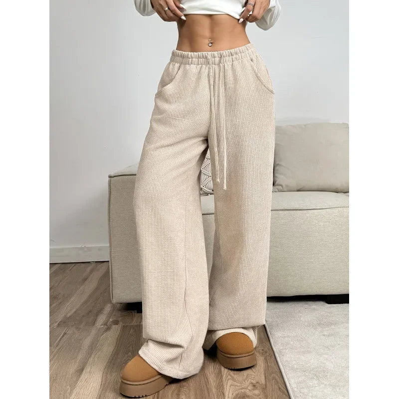 Pantalon en velours côtelé à taille haute avec cordon de serrage et jambes larges