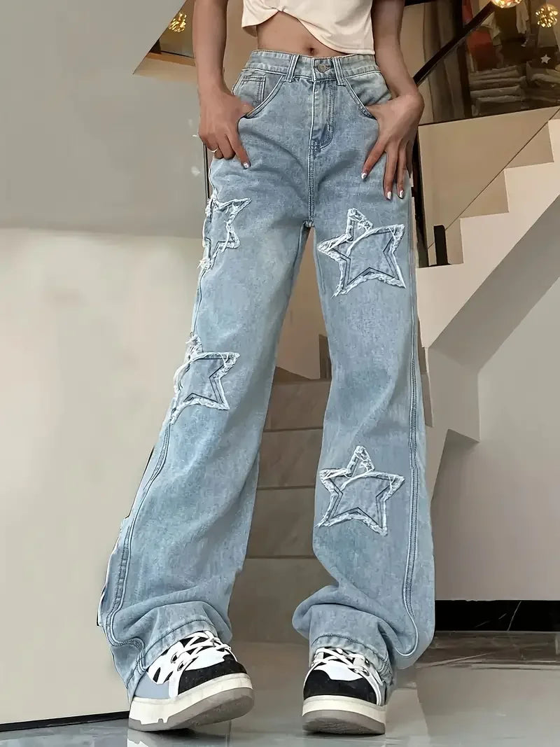 Pantalon pour femmes taille haute avec applications en forme d'étoile