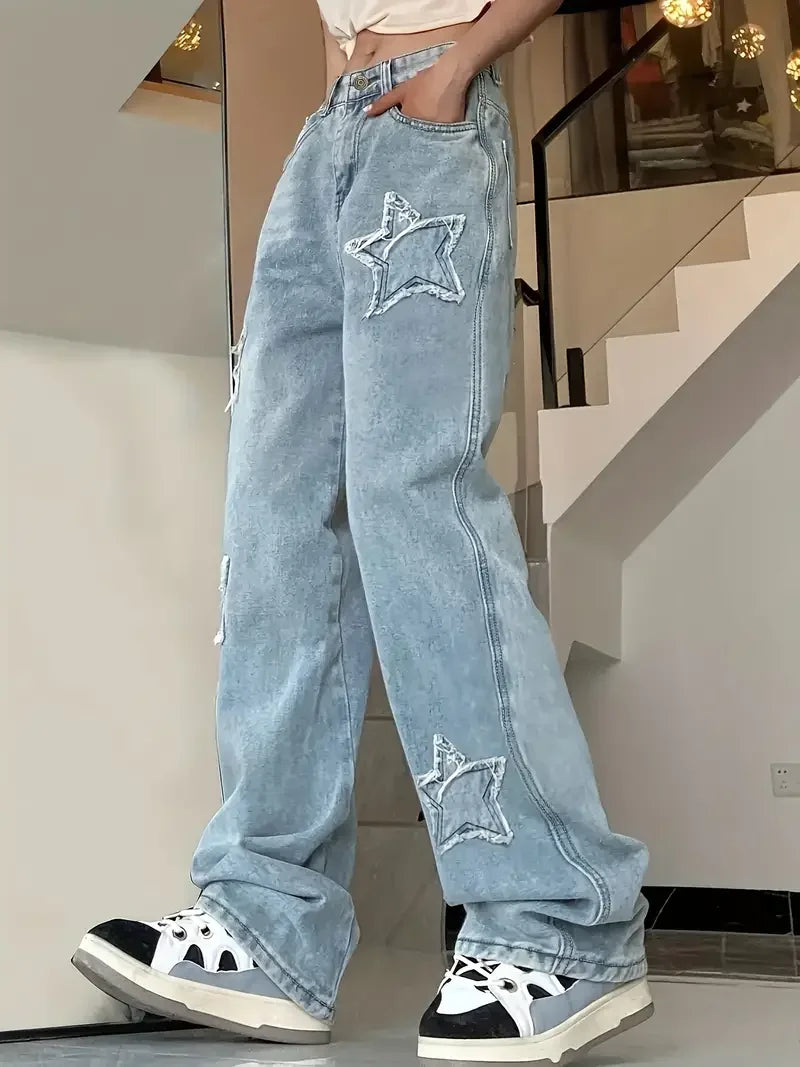 Pantalon pour femmes taille haute avec applications en forme d'étoile