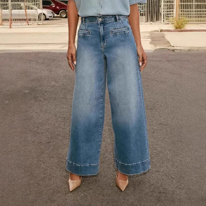 Pantalon femme taille haute, jambes larges, fermeture à boutons et poches