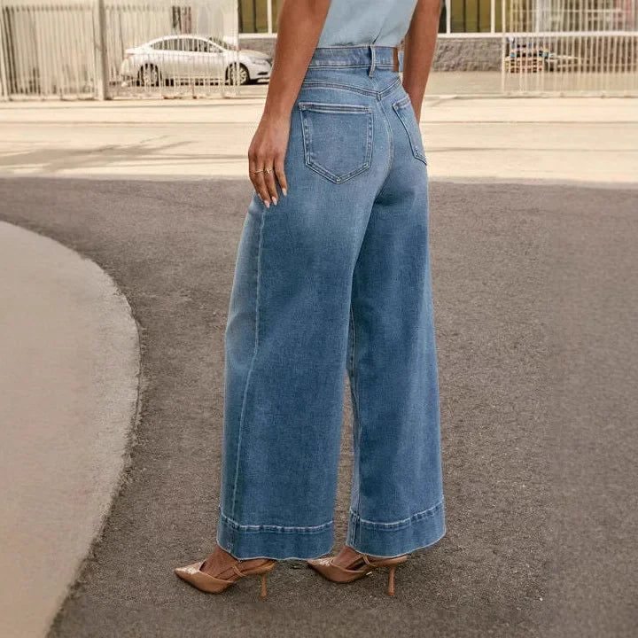 Pantalon femme taille haute, jambes larges, fermeture à boutons et poches