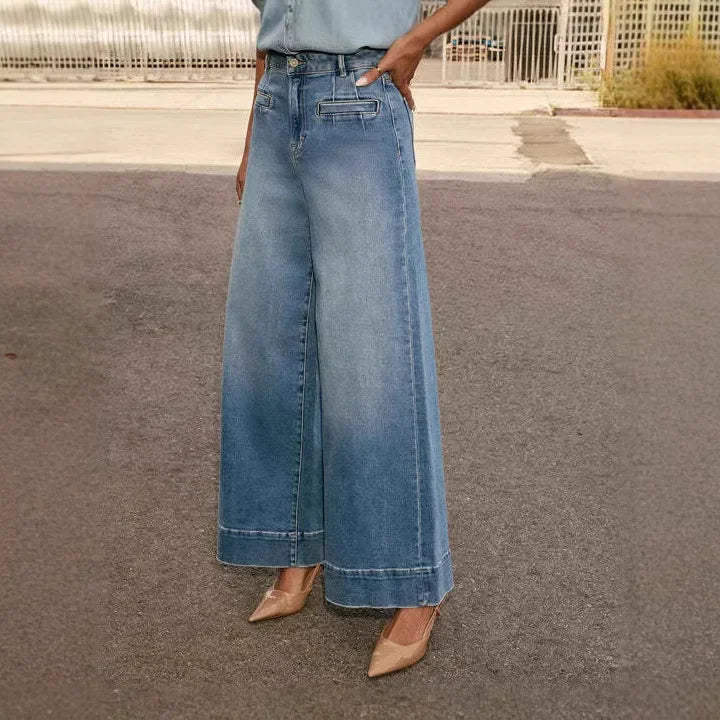 Pantalon femme taille haute, jambes larges, fermeture à boutons et poches