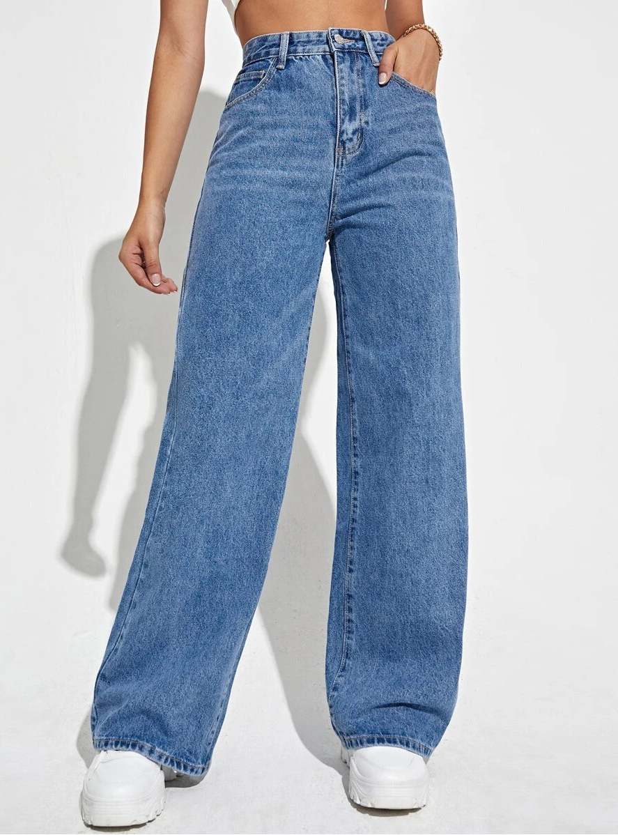 Pantalon femme taille haute, jambes larges, fermeture à boutons et poches