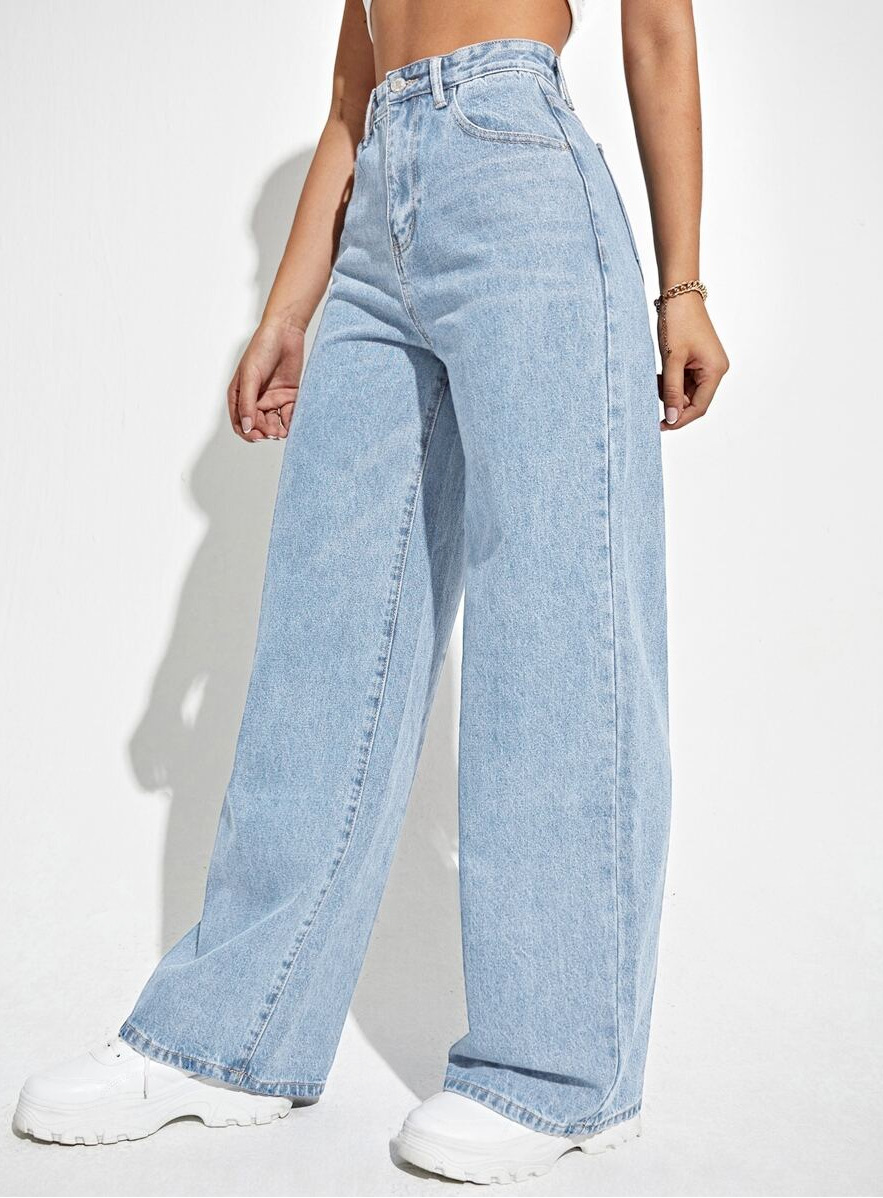 Pantalon femme taille haute, jambes larges, fermeture à boutons et poches