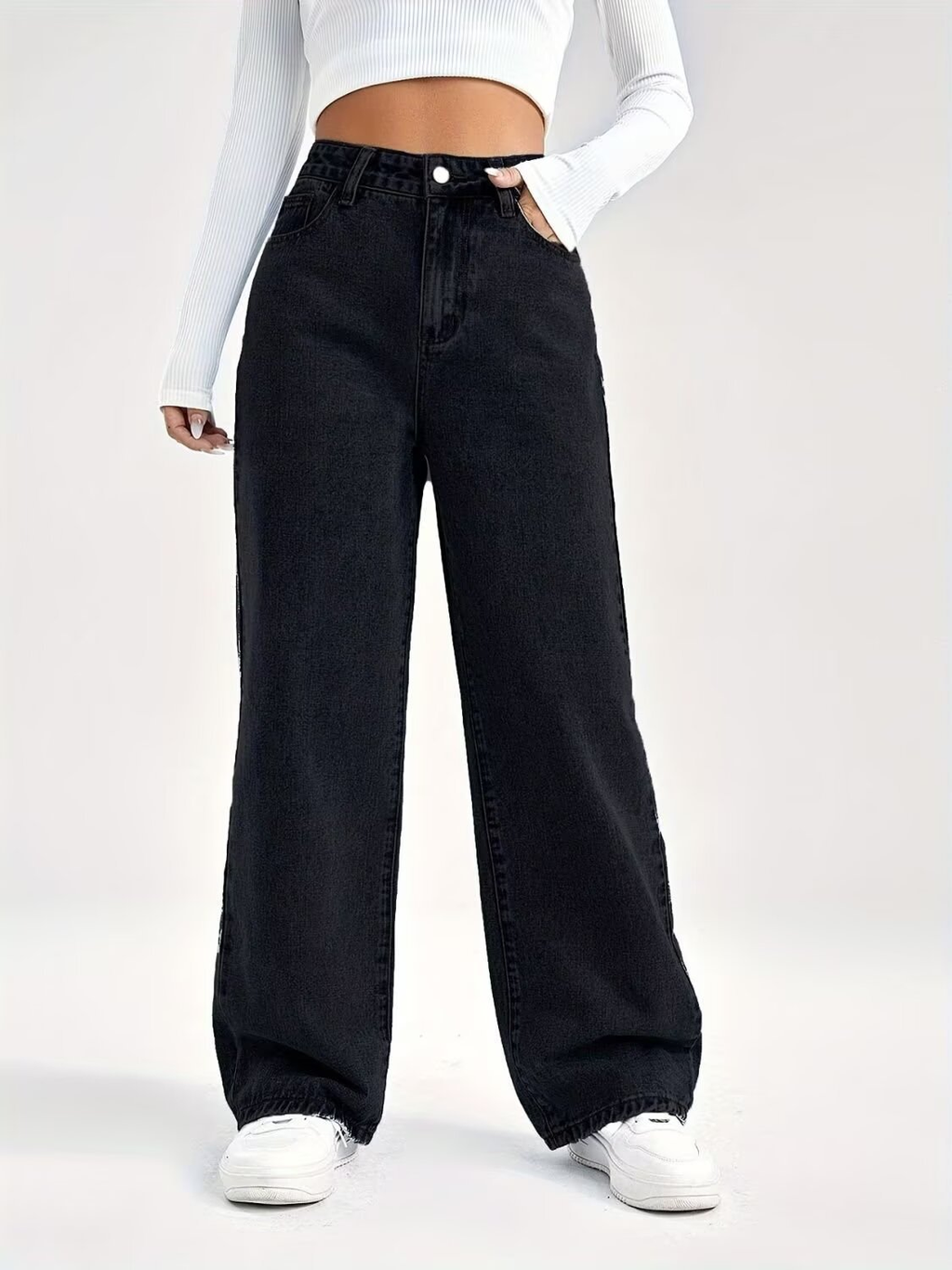 Pantalon femme taille haute, jambes larges, fermeture à boutons et poches