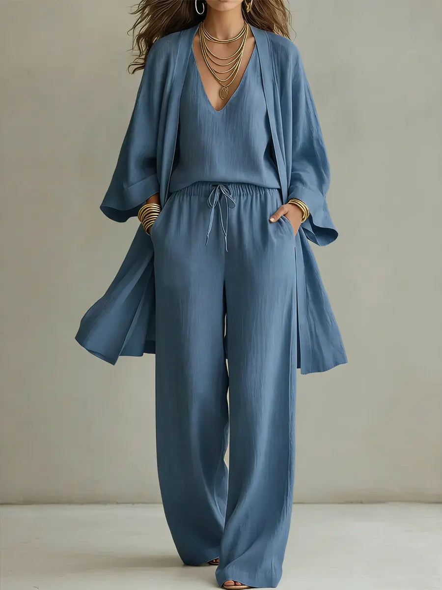 Ensemble Femme Trois Pièces Coton Lin Style Minimaliste Élégant