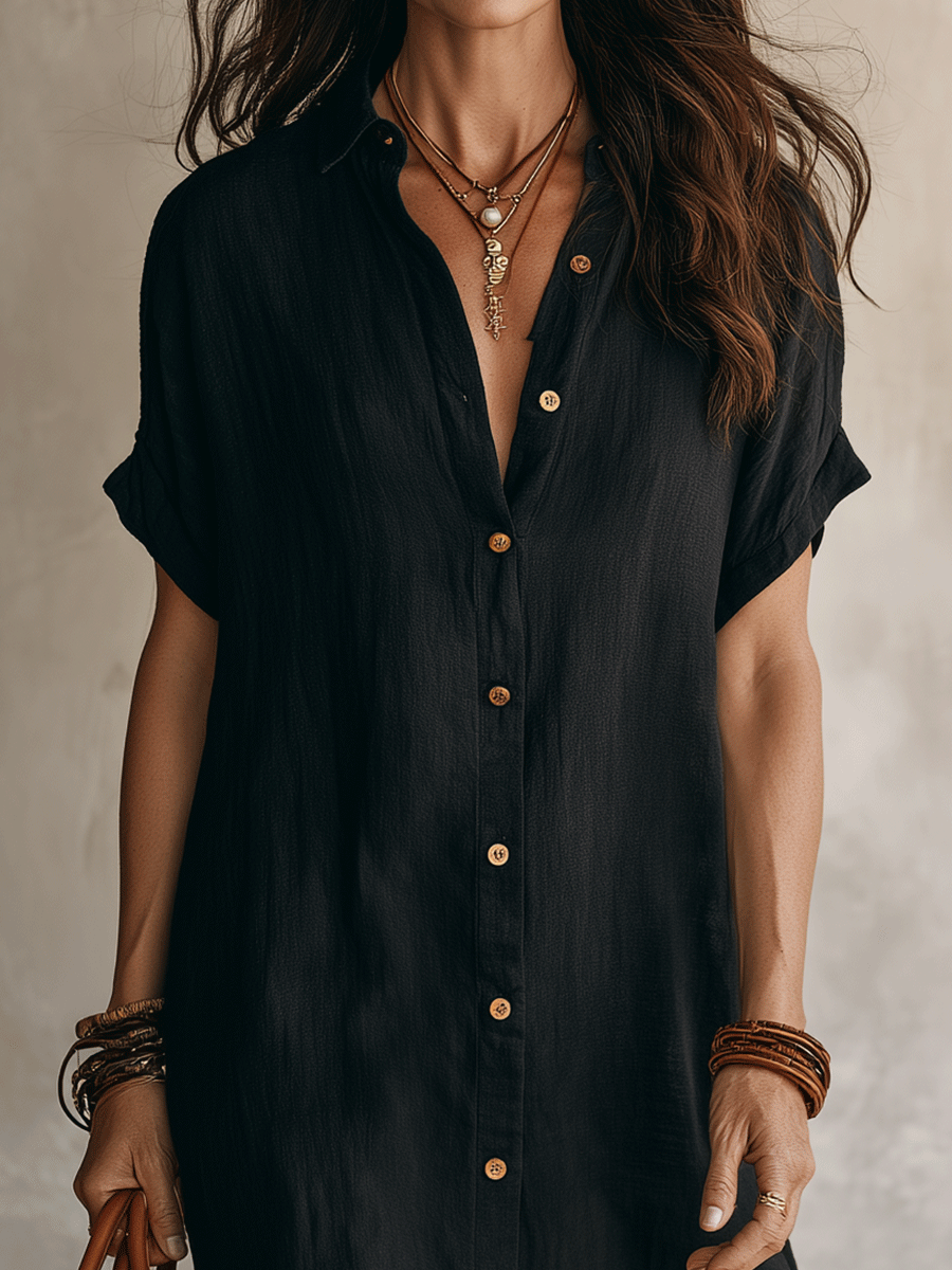 Robe Chemise Midi Femme Lin Coton Boutonnée Élégante
