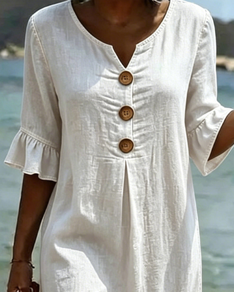 Fynorae - Robe femme en jean manches volants coupe fluide été plage