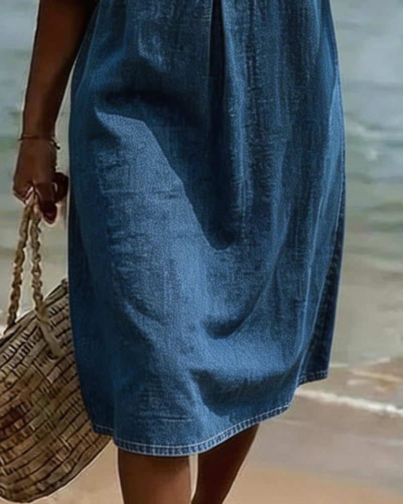 Fynorae - Robe femme en jean manches volants coupe fluide été plage