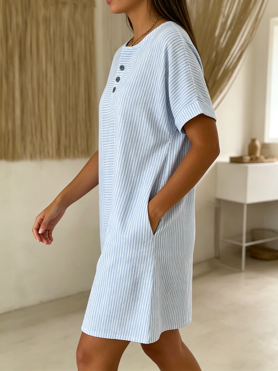 Robe Femme Coton Lin Boutonnée Coupe Ample Col Henley Élégante