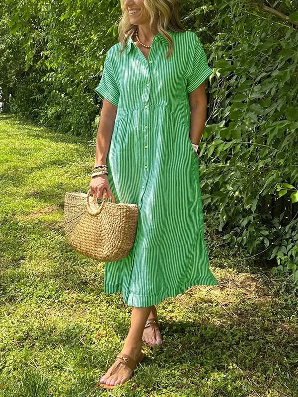 Robe femme maxi fluide boutonnée col rond manches courtes élégante été