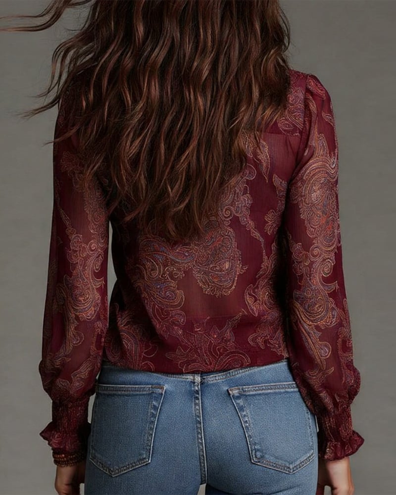 Blouse Rétro à Volants à Mi-Zip