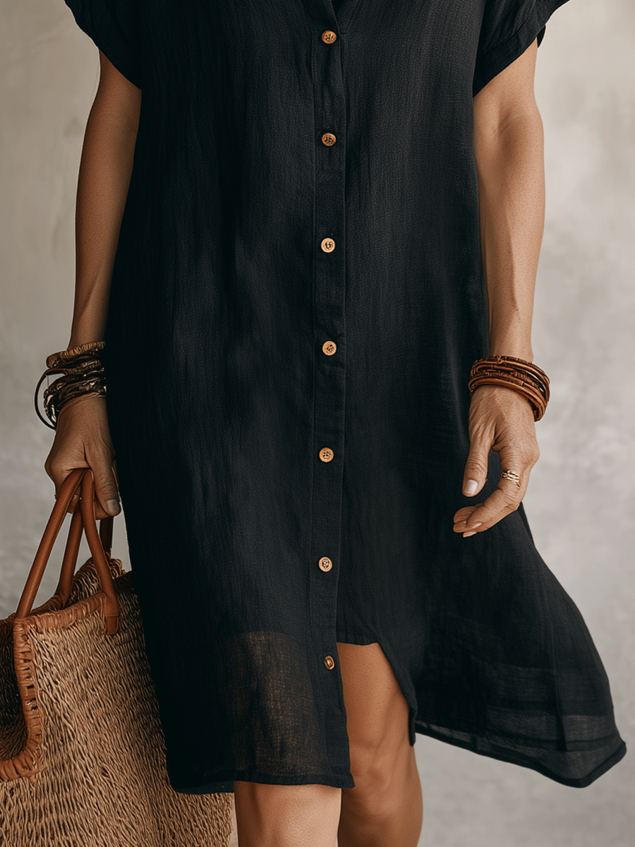 Robe Chemise Midi Femme Lin Coton Boutonnée Élégante