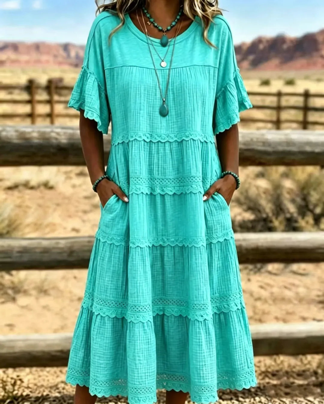 Rosalynne - Robe midi femme en coton et lin à volants