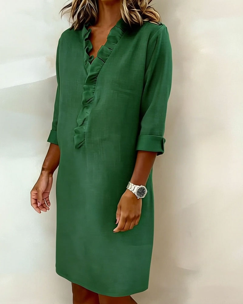 Robe Unie à Volants avec Col en V