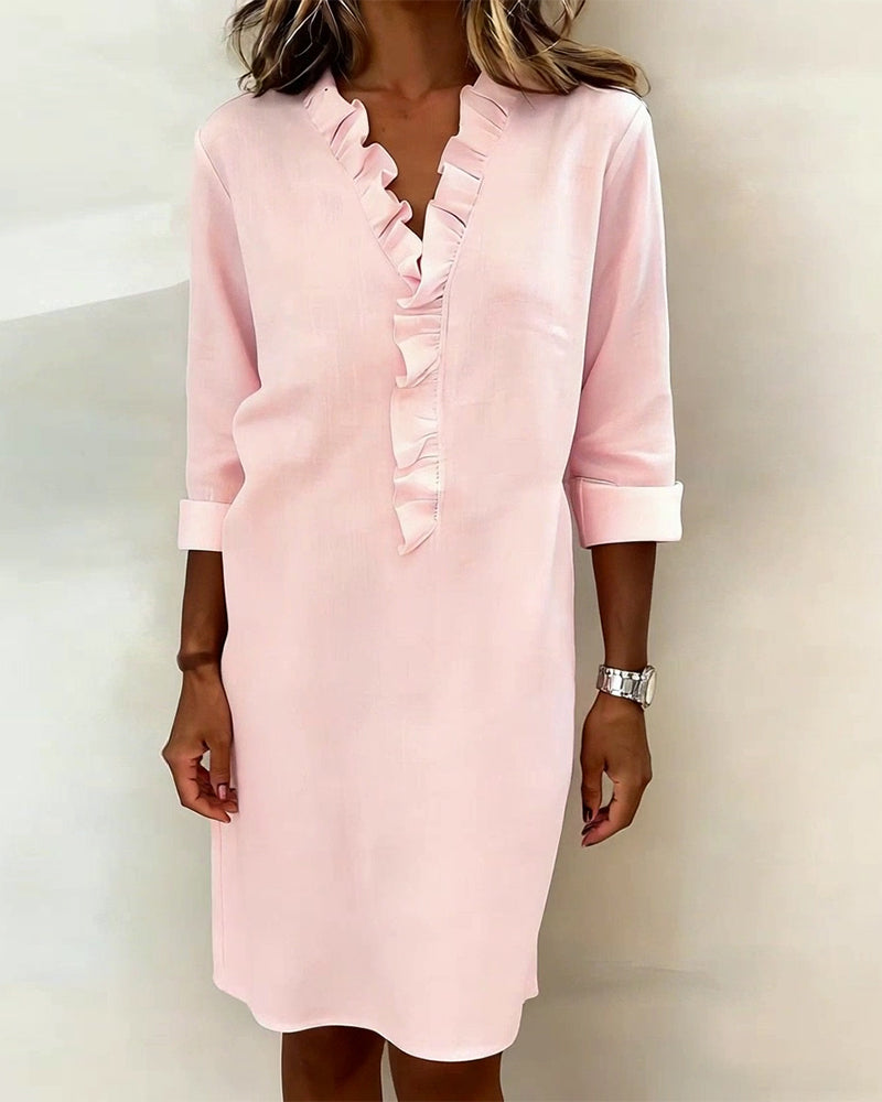 Robe Femme Col V Volants Coupe Droite Chic Décontractée