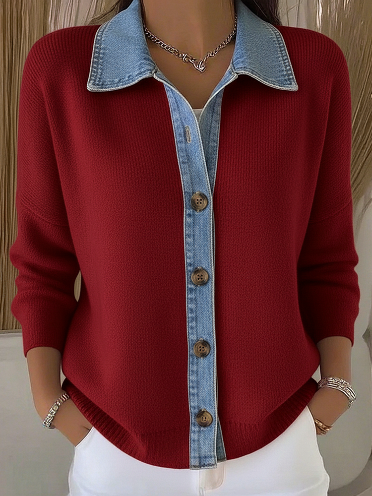 Cardigan en tricot avec col polo et patchs en denim, avec boutons