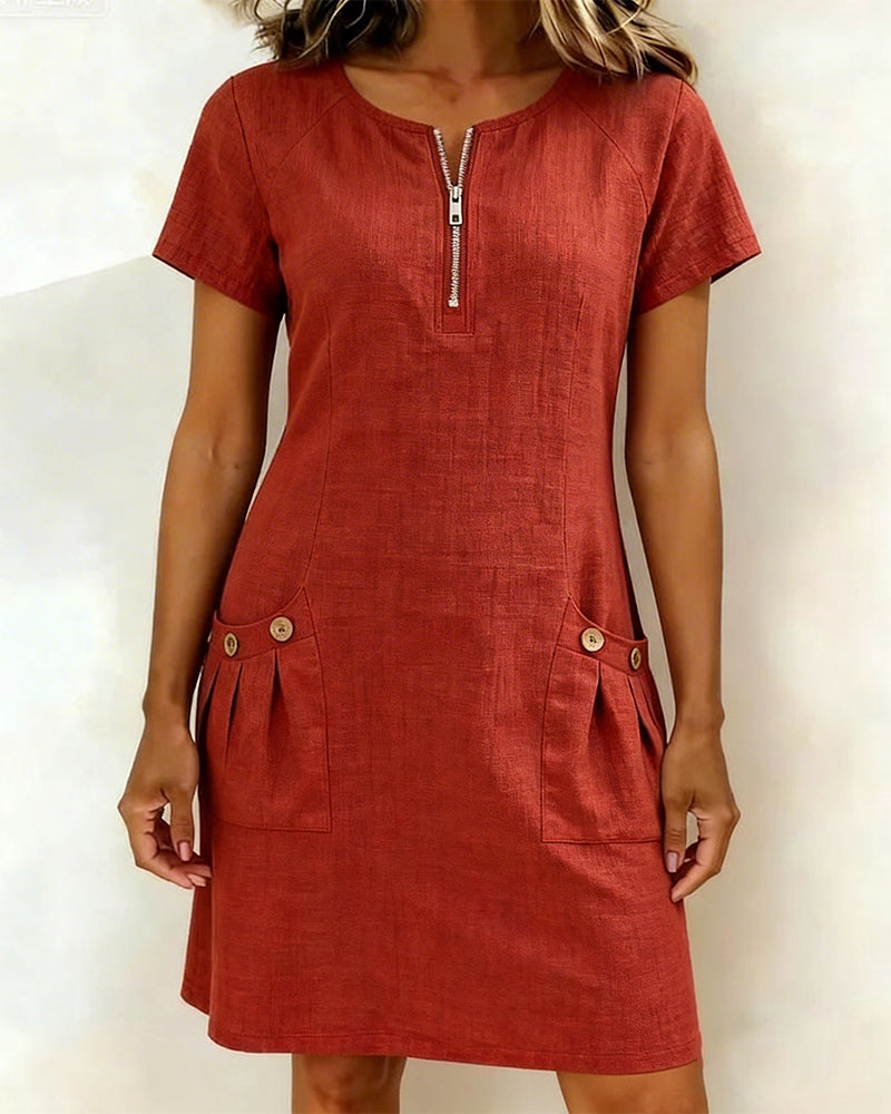 Kovira - Robe Courte Coton Lin avec Fermeture Éclair et Poches