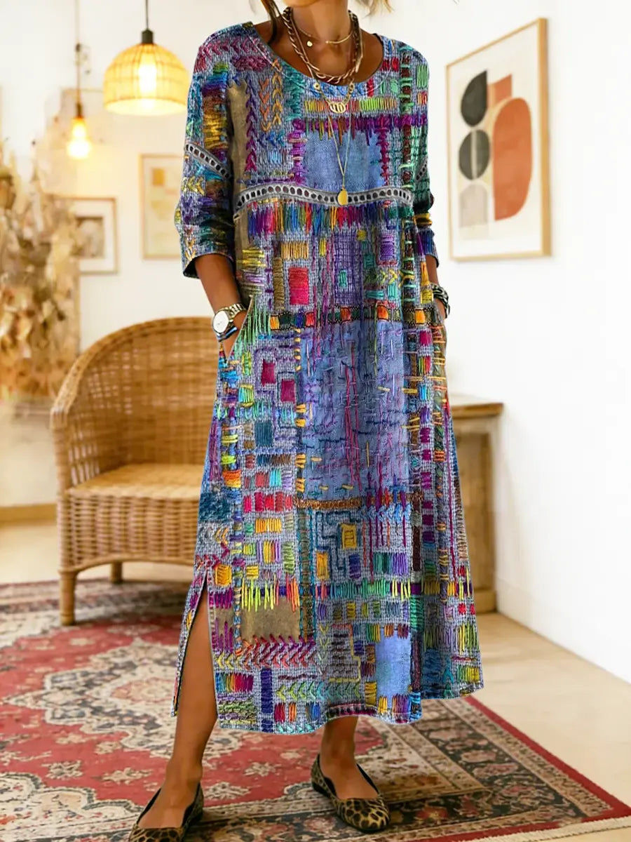 Manuela - Robe en Denim avec Patchwork Ethnique