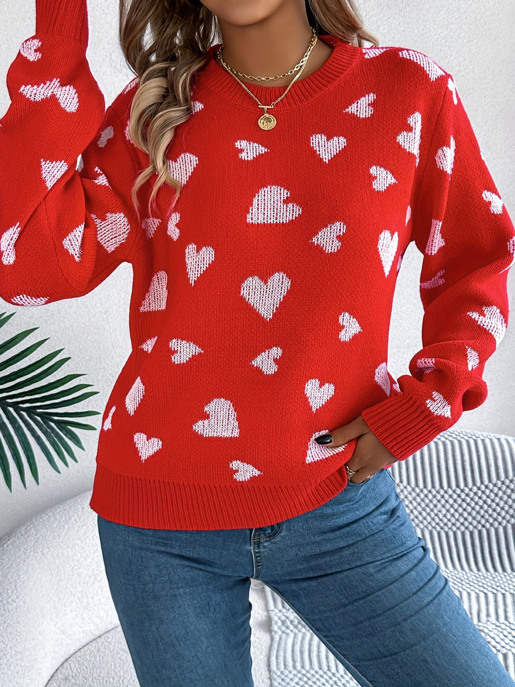 Elin | Pull élégant pour femmes avec col rond et motif de cœurs