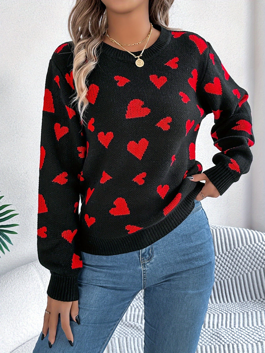 Elin | Pull élégant pour femmes avec col rond et motif de cœurs