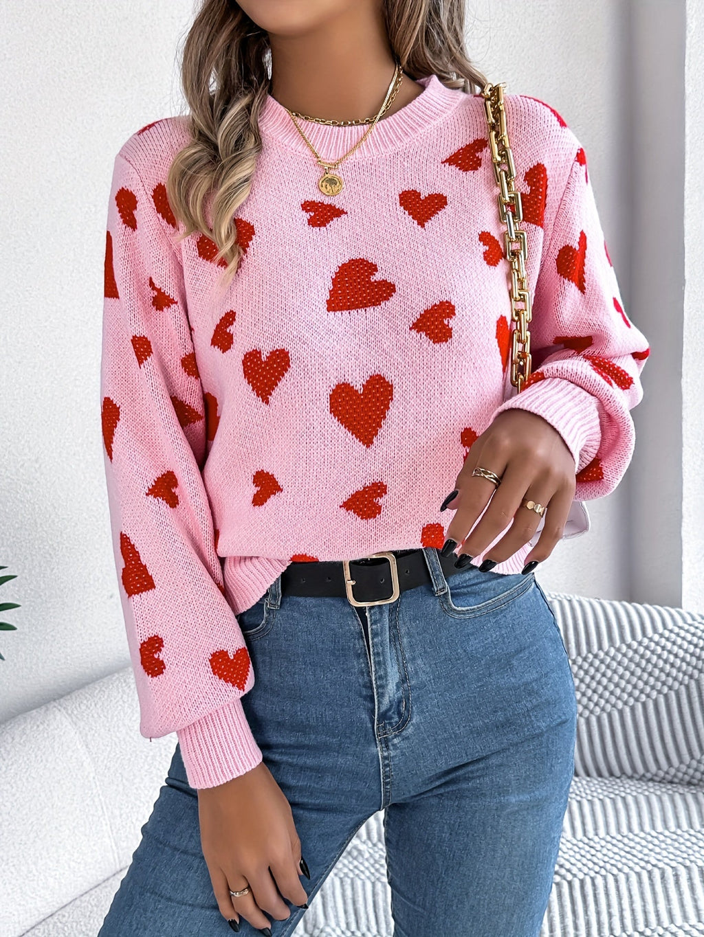 Elin | Pull élégant pour femmes avec col rond et motif de cœurs