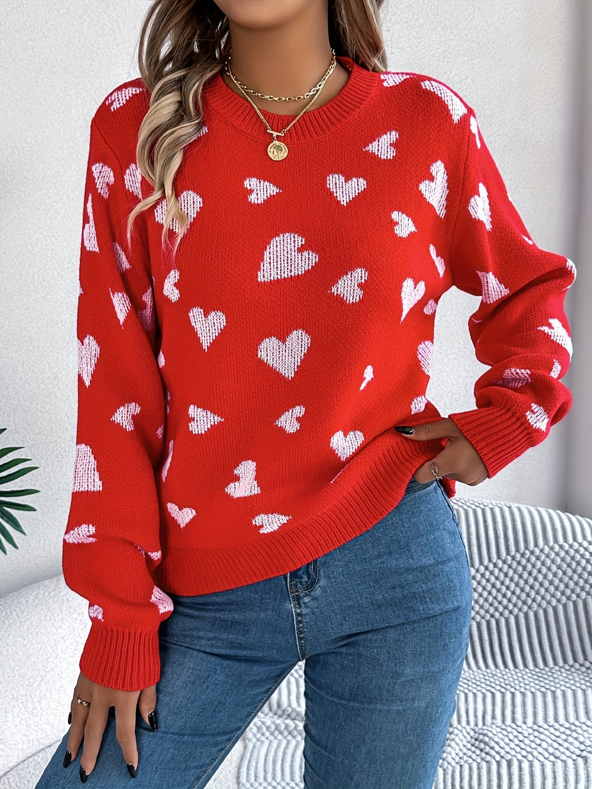 Elin | Pull élégant pour femmes avec col rond et motif de cœurs