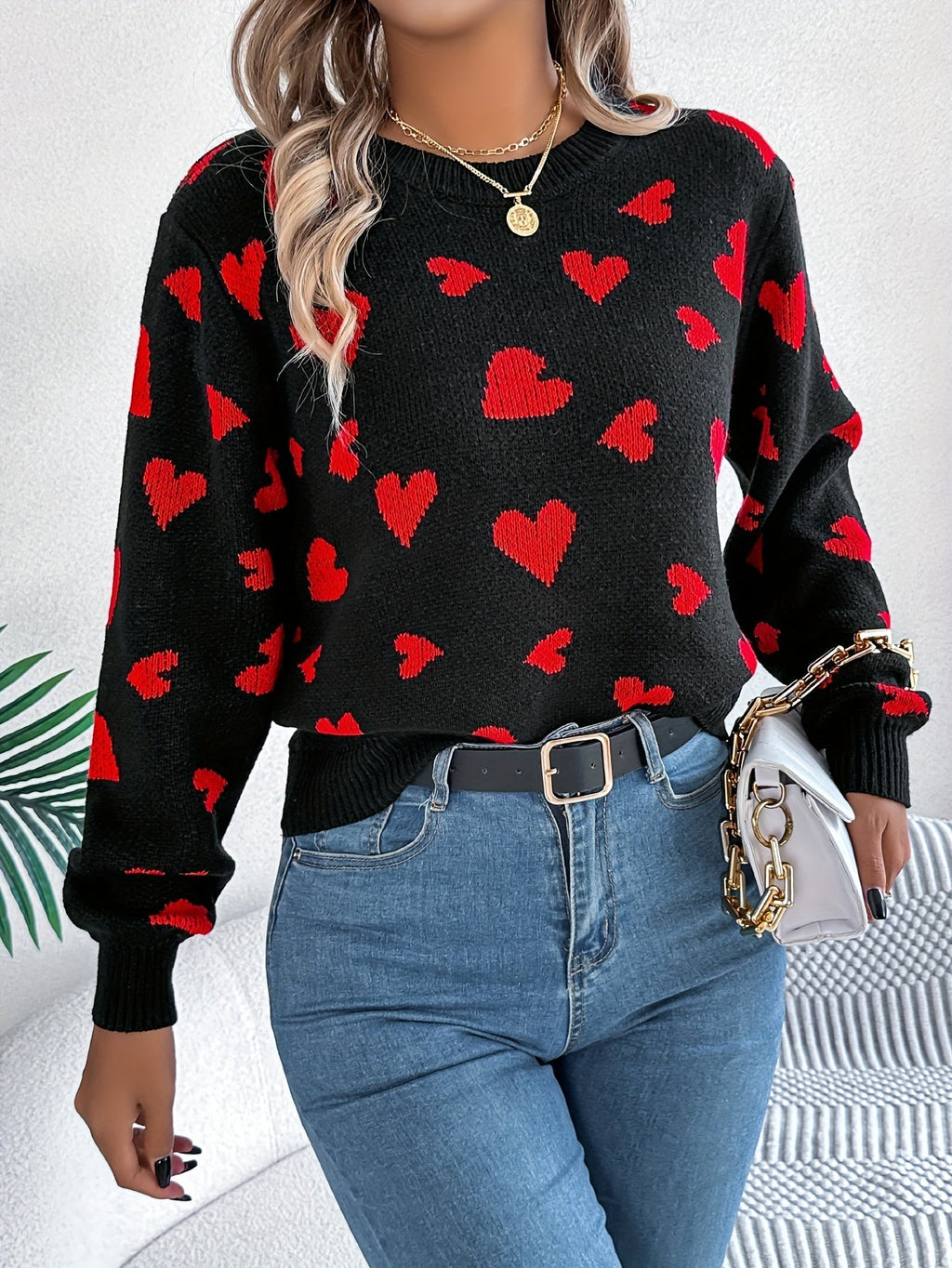 Elin | Pull élégant pour femmes avec col rond et motif de cœurs