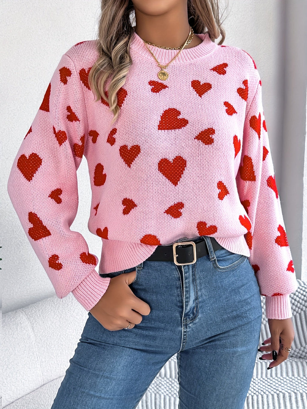 Elin | Pull élégant pour femmes avec col rond et motif de cœurs